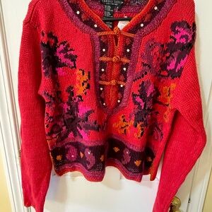 Carole Little Sweater L Red Floral Sequin Y2K Vintage Inspired Boho ✨🔥